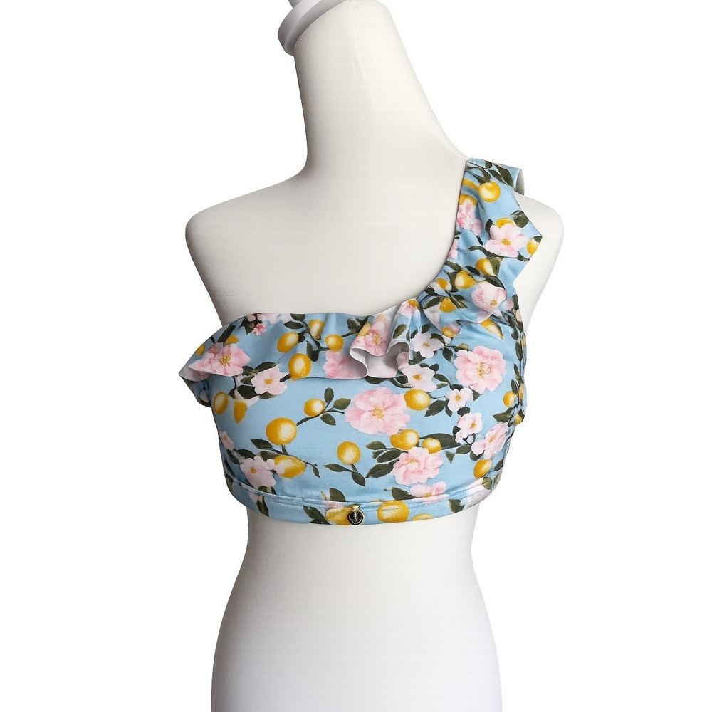 Victoria's Secret One Shoulder Ruffle Bikini Top Lemon Floral Blue Size Large